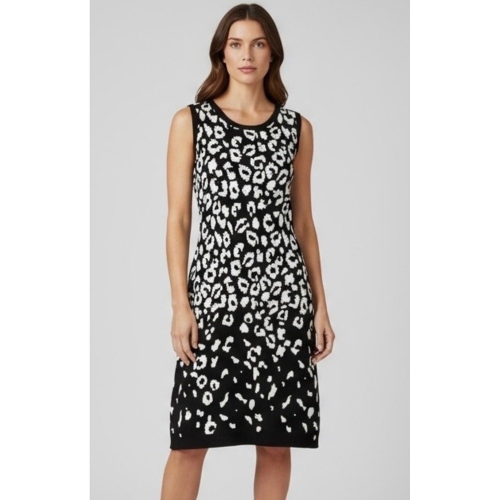 Nina Leonard Black White Leopard Animal Print Sheath Knit Dress Size Mediumβ